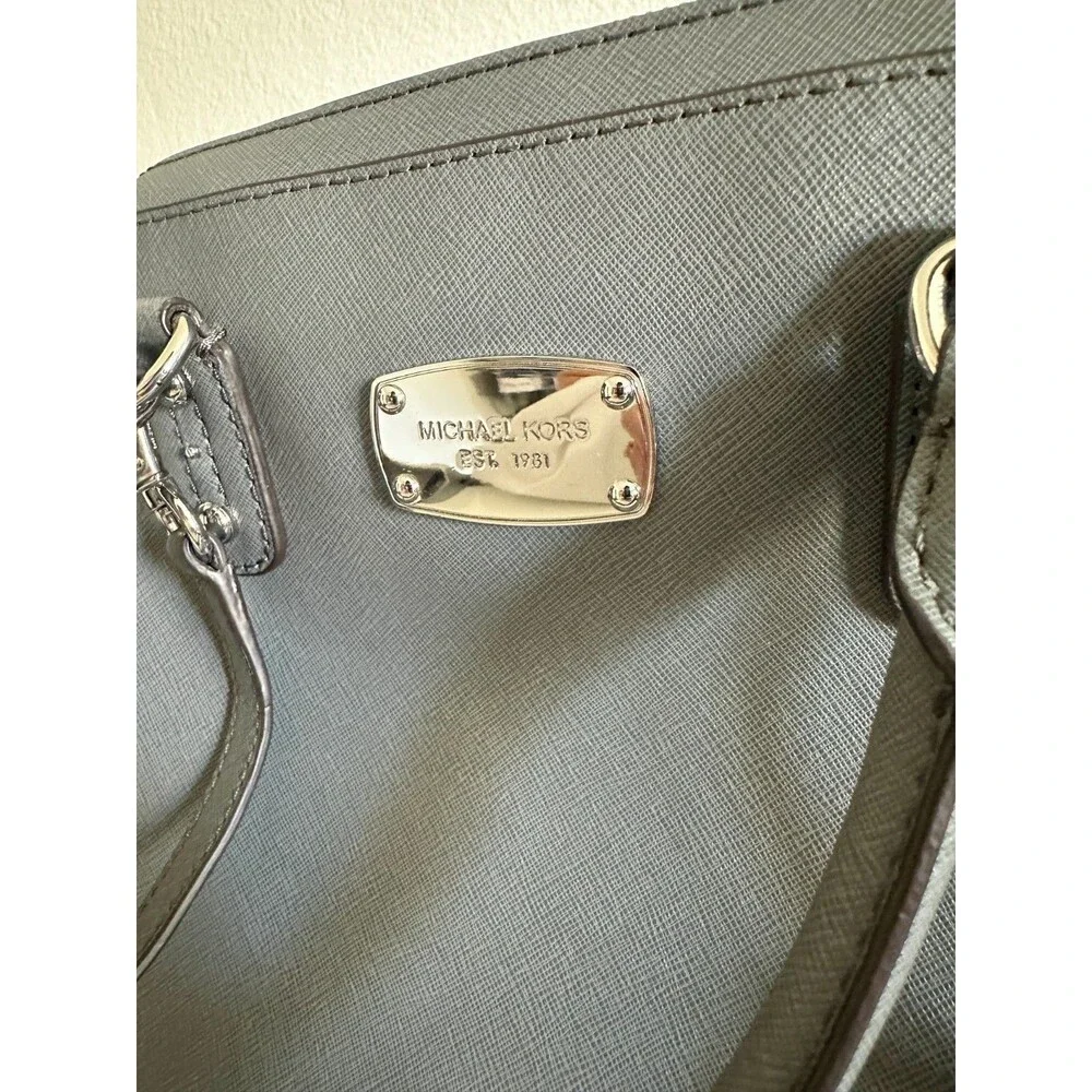 Michael Kors Saffiano Large Dome Satchel Purse Gray Crossbody Detachable Strap